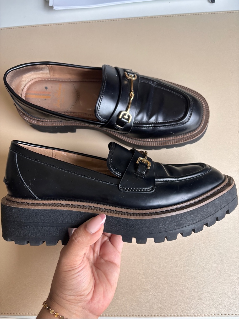 Sam Edelman Black Chunky Lug Sole Gold Bit Loafers Size 6.5